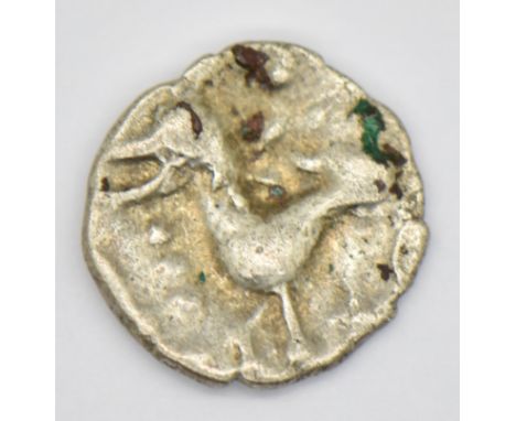 Celtic British Iceni c25-35 AD silver unit, obverse double crescent, reverse horse running right, pellets below