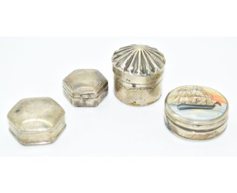 Four hallmarked silver and white metal pill boxes comprising modern hallmarked silver circular example with enamel ship decor