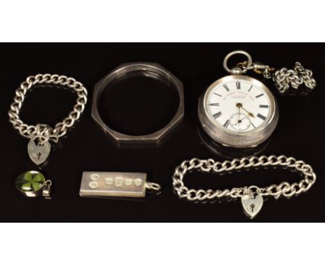 Two silver curb link bracelets, silver ingot, silver bangle, four leaf clover pendant and silver pocket watch&nbsp;