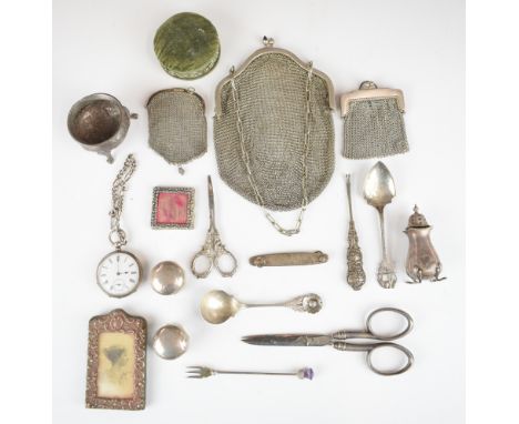 Hallmarked silver items including Scottish thistle pickle fork, small photograph frames and silver handled scissors together 
