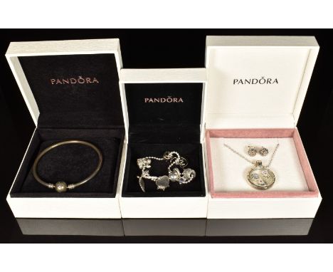 Pandora silver charm bracelet with five silver Pandora charms, a pair of Pandora earrings, Pandora silver&nbsp;bangle and a P
