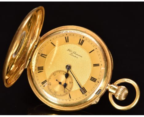 J W Benson The Field 18ct gold keyless winding half hunter pocket watch with subsidiary seconds dial, blued hands, black Roma