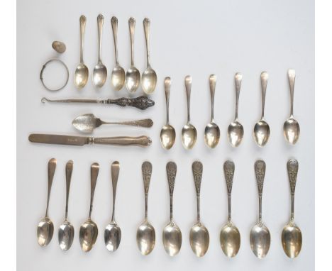 Hallmarked silver teaspoons comprising two sets of six, set of five golfing interest examples and four Georgian examples, tog