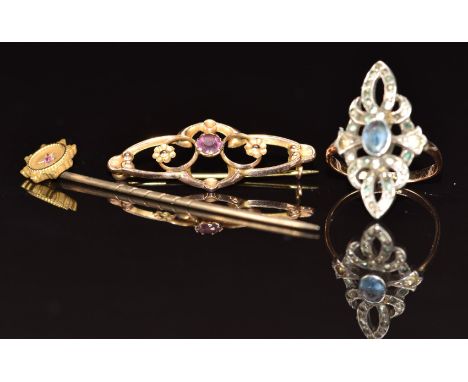 A 9ct gold stick pin set with a ruby, 9ct gold brooch (1.2g) and 9ct gold and silver ring