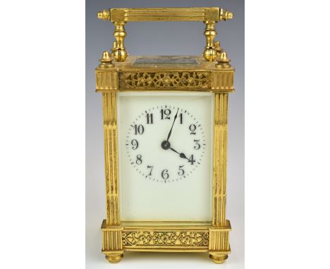 19th or early 20thC gilt cased carriage clock, height including handle 15cm