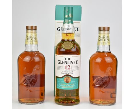 Two bottles of The Naked Grouse Scotch Whisky and a bottle of Glenlivet 12 Year Single Malt Scoth Shisky, with presentation b