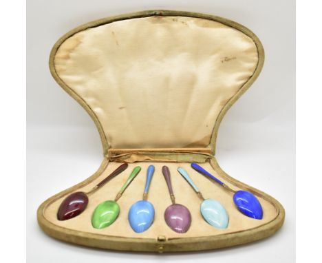 Cased set of hallmarked silver gilt and guilloché enamel spoons with import marks for London 1911, maker&nbsp;Henry James Hul