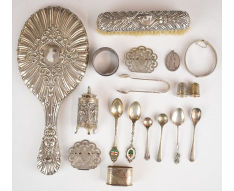 Hallmarked silver items comprising nurse's buckle, Birmingham 1899, maker Spurrier &amp; Co, two thimbles, one by Charles Hor