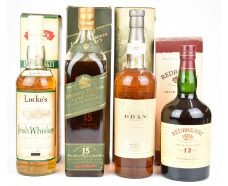 Four bottles of whisky comprising Johnnie Walker Pure Malt Green Label 15 Years, 1ltr, 43% vol, Oban West Highland Single Mal