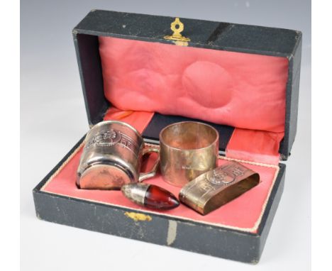 Cased Portugese silver christening set with 833 grade silver marks, hallmarked silver napkin ring and a small egg shaped scen