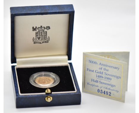 1989 Queen Elizabeth II proof gold half sovereign to commemorate 500th anniversary of the first gold sovereign 1489, obverse 