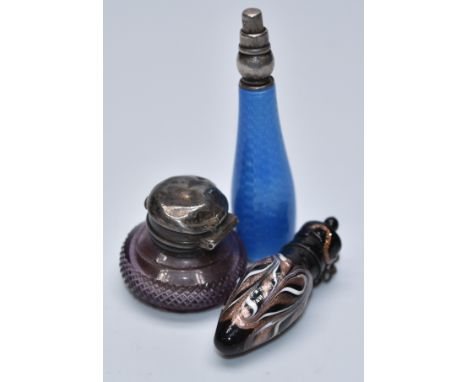 Guilloché enamel atomiser, marked 900, miniature scent bottle with aventurine decoration and a 19thC miniature glass vinaigre