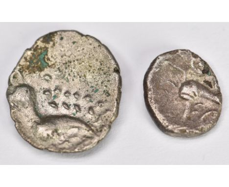 Two Celtic silver Iceni coins, one being a boar horse type the other double crescent type