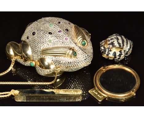 Judith Leiber Animal Series Frog evening bag on chain strap with matt gold leather interior, complete with mirror, comb and f