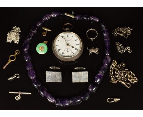 Amethyst necklace, a pair of silver cufflinks, two sections of silver watch chain, a silver pocket watch and a jade cufflink&