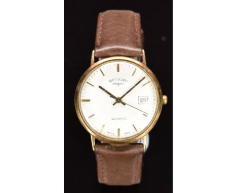Rotary 9ct gold gentleman's wristwatch with date aperture, gold hands and hour markers, white dial and quartz movement, on br