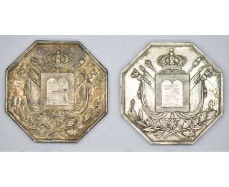 Two 1830 Charles III France silver octagonal national tokens. Obverse: draped arms with crown over, central screen Charles II