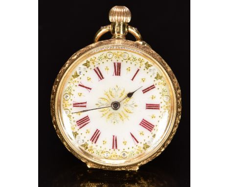 Continental 18ct gold keyless winding open faced pocket watch with black Roman numerals, blued hands, gilt decorated&nbsp;whi