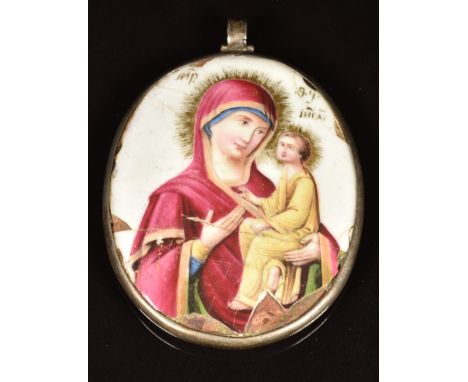 Russian 19thC&nbsp;silver pendant set with a porcelain / enamel plaque, engraved to back 1889