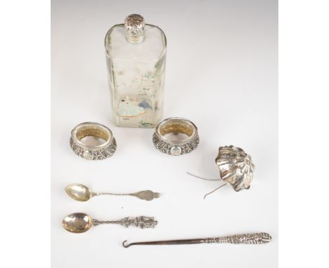Pair of continental silver salts with clear glass liners, teaspoon marked sterling, further novelty silver plated spoon, Chri
