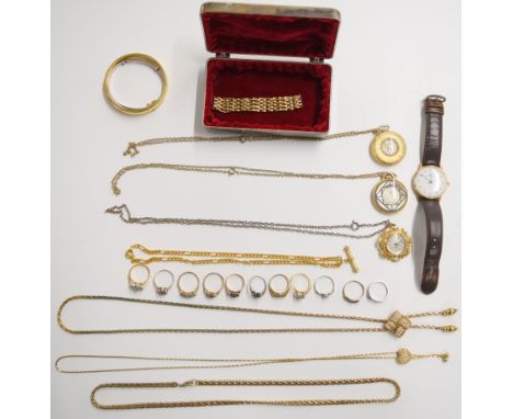 A collection of costume jewellery including 9ct gold ring (2.9g), silver rings, silver bangle etc