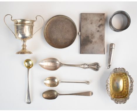 Hallmarked silver items to include trophy cup, height 9cm, Georgian and later spoons, open salt, dressing table pot lid, napk