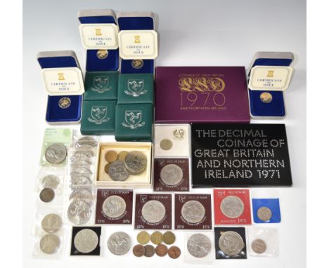 A collection of coins including last LSD and first decimal set, modern crowns, Pobjoy commemoratives etc, many cased