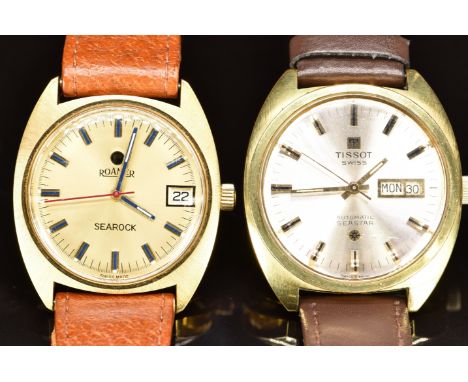 Two gentleman's wristwatches Tissot Seastar automatic with day and date aperture, gold hands and baton hour markers, silver d