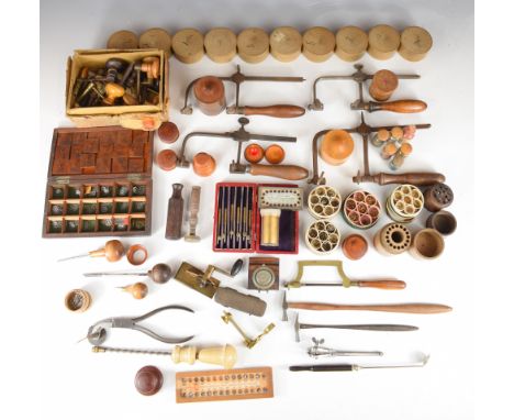 Large collection of antique / vintage watchmaker's tools, treen pots, materials, tools etc. including spring winders, cased m