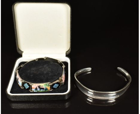 Norwegian silver enamel bracelet made up of panels depicting winter scenes and a silver bangle