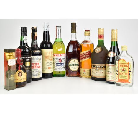 Spirits and liqueurs including three bottles of brandy, St Remy, 1.14ltr, 40% vol, Three Barrels, Johnnie Walker Red Label Wh