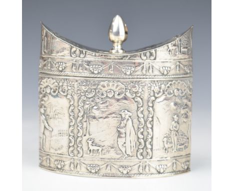 Dutch or similar silver tea caddy with embossed decoration of people walking dogs, width 9cm, weight 136g