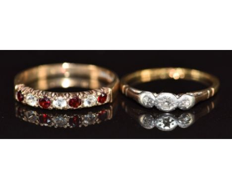 A 9ct gold ring set with garnets and spinel and an 18ct gold ring set with diamonds in a platinum setting, 2.3g, size J &amp;