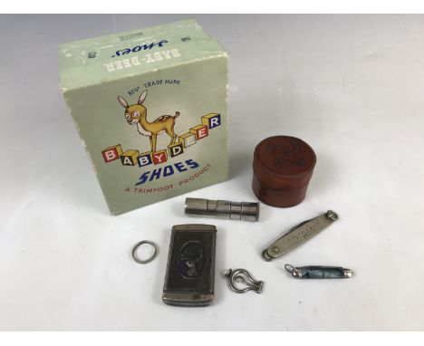 Collectors' items including a vintage Trimfoot Baby Deer child's shoe box, Molloy's Cafe New York vesta case, R S Linger and 