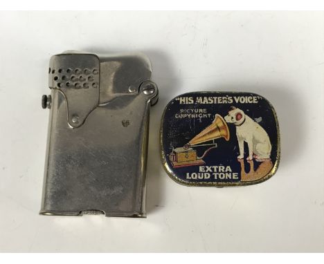 A HMV gramophone needle tin together with a 1920s Horens cigarette lighter
