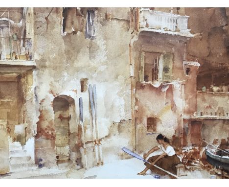 After Sir William Russell Flint (1880-1969) Re-painting Oar Blades, offset lithographic print, signed by the artist to the ma