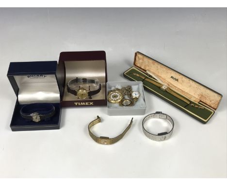 Vintage wrist and fob watches, including a lady's stainless-steel Rotary with textured strap, a Timex and an Aviva