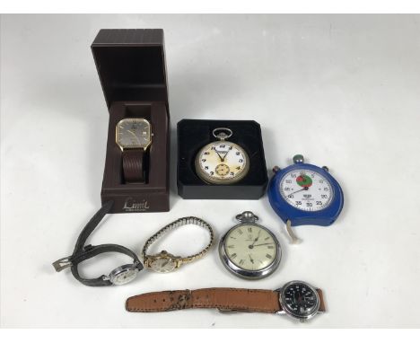A Heuer Trackmaster stopwatch together with a quantity of vintage pocket and wrist watches, including Timex and Sekonda