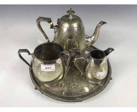 A Victorian electroplate three-piece tea service together with tray and sugar tongs