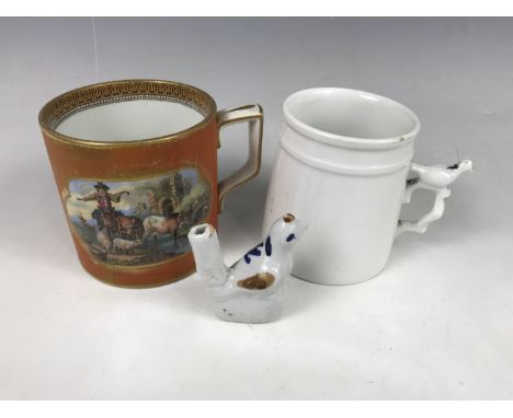 A Victorian Pratt ware transfer-printed tankard, together with a late 19th Century porcelain mug with handle incorporating a 