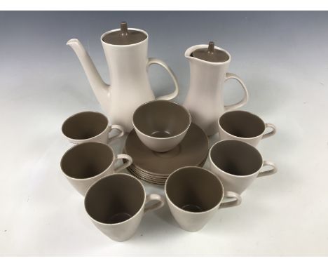 A vintage Poole Pottery Twin Tone pattern tea service for six, in 'mushroom'  