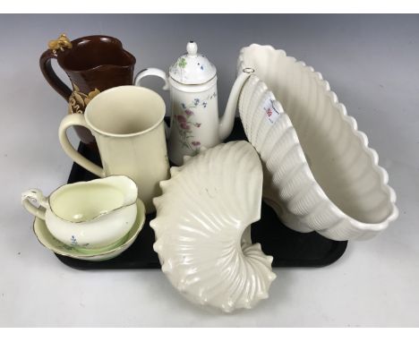 Ceramics including a Royal Worcester coffee pot, and a Wedgwood shell-form wall pocket etc.