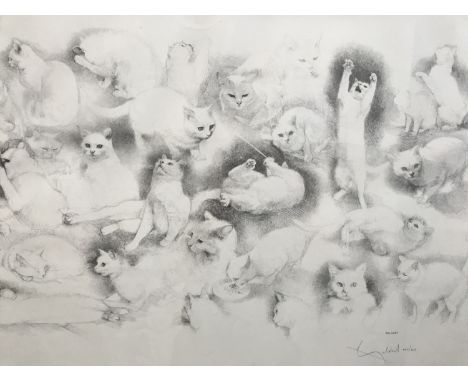 After William Geldart (b.1936) Studies of a white cat in motion, offset lithographic print, limited edition 405 / 600, pencil