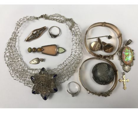 White-metal and other jewellery, including a white-metal and moonstone ring, stamped '925', an enamelled yin and yang ring, s