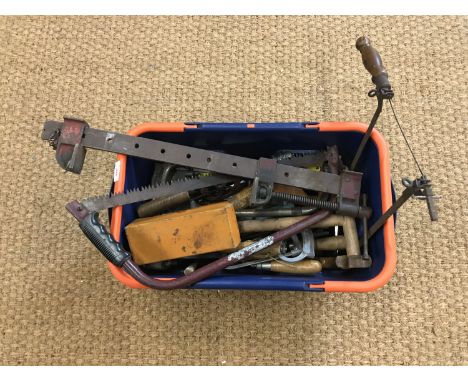 A quantity of tools including hammers, saws and a sash clamp etc