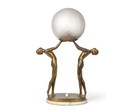 An Art Deco Gilt Patinated Spelter Figural Lamp, modelled as two semi nudes on tip toes, wearing a short skirts, stamped Fore
