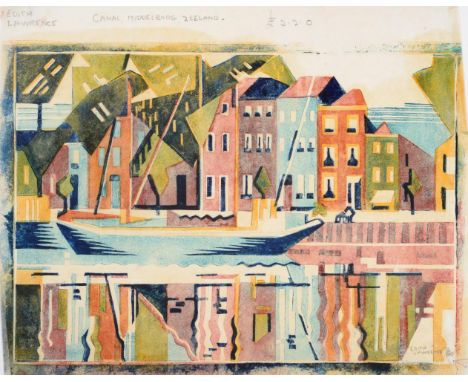 Edith Lawrence (1890-1973) ''Canal, Middelburg, Zeeland'' Signed, inscribed, numbered 17/50 in pencil, priced £2.2.0, linocut