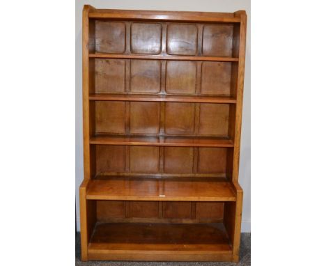 Cat and Mouseman: A Lyndon Hammell (Harmby) English Oak 6ft Open Bookcase, solid ends and panelled back, raised upstand, the 