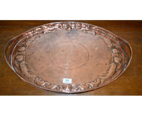 An Arts & Crafts Newlyn Copper Tray, of oval form, the pierced gallery with integral carrying handles, riveted wave seams, re