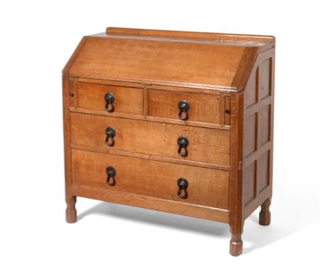 Mouseman: A Robert Thompson Bespoke Panelled English Oak Bureau, made by Ken Smith, with raised upstand above a fall front, o